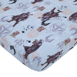 Star Wars The Mandalorian Grey, Tan and Blue 4 Piece Toddler Bed Set - Comforter, Fitted Bottom Sheet, Flat Top Sheet, and Reversible Pillowcase