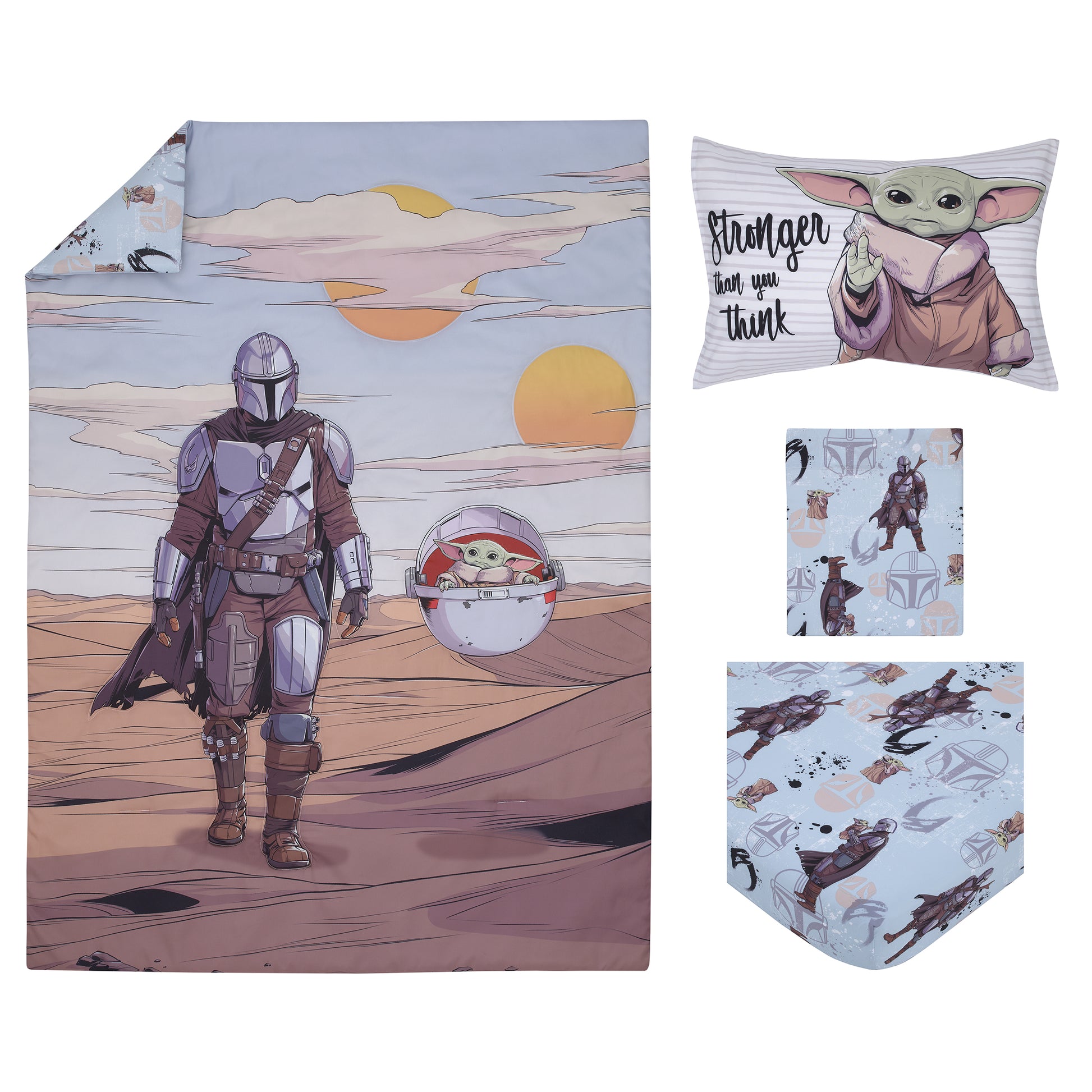 Star Wars The Mandalorian Grey, Tan and Blue 4 Piece Toddler Bed Set - Comforter, Fitted Bottom Sheet, Flat Top Sheet, and Reversible Pillowcase