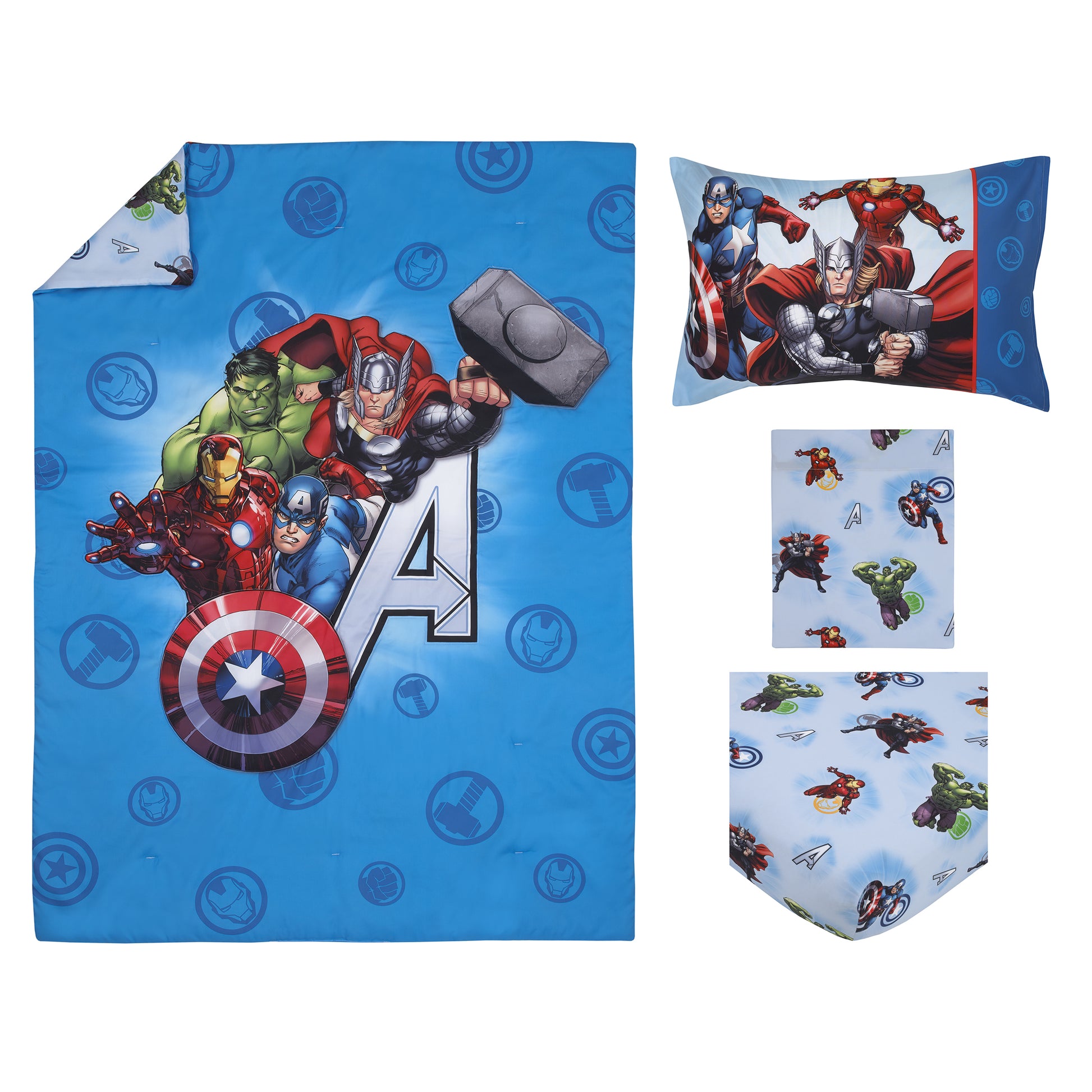 Marvel Avengers Fight the Foes Blue, Red, Green Hulk, Iron Man, Thor, Captain America 4 Piece Toddler Bed Set - Comforter, Fitted Bottom Sheet, Flat Top Sheet, and Reversible Pillowcase