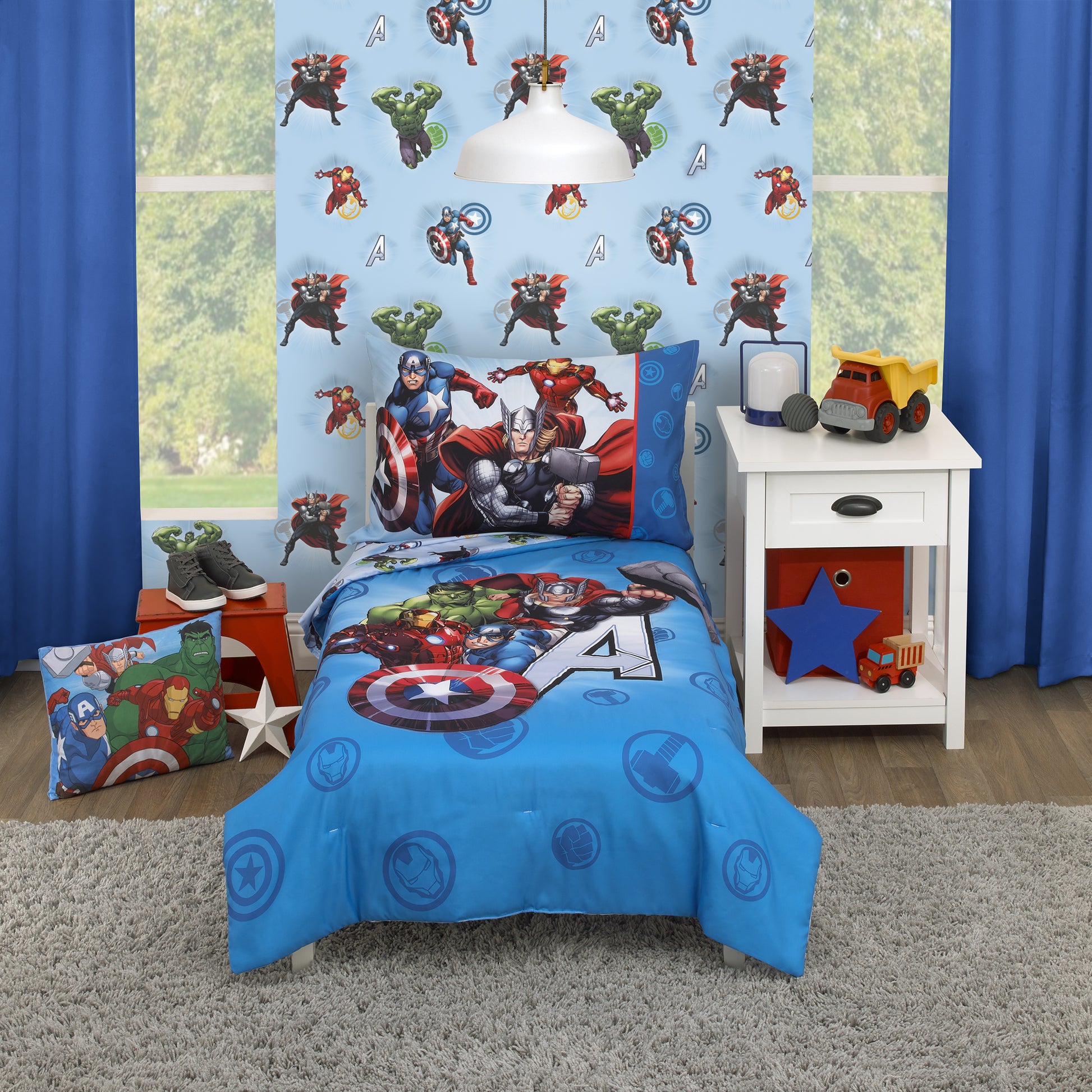 Marvel Avengers Fight the Foes Blue, Red, Green Hulk, Iron Man, Thor, Captain America 4 Piece Toddler Bed Set - Comforter, Fitted Bottom Sheet, Flat Top Sheet, and Reversible Pillowcase