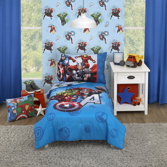 Marvel Avengers Fight the Foes Blue, Red, Green Hulk, Iron Man, Thor, Captain America 4 Piece Toddler Bed Set - Comforter, Fitted Bottom Sheet, Flat Top Sheet, and Reversible Pillowcase