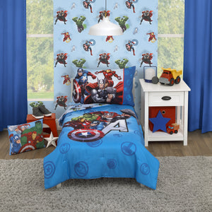 Marvel Avengers Fight the Foes Blue, Red, Green Hulk, Iron Man, Thor, Captain America 4 Piece Toddler Bed Set - Comforter, Fitted Bottom Sheet, Flat Top Sheet, and Reversible Pillowcase