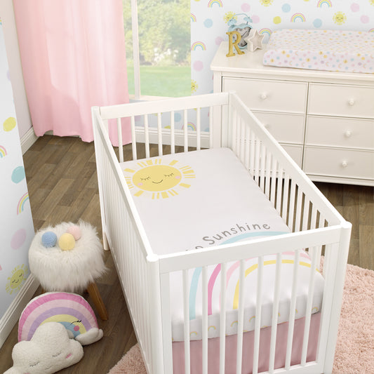 NoJo Happy Days Pink, Yellow, Blue and White, Rainbows and Hello Sunshine 100% Cotton Photo Op Nursery Fitted Crib Sheet