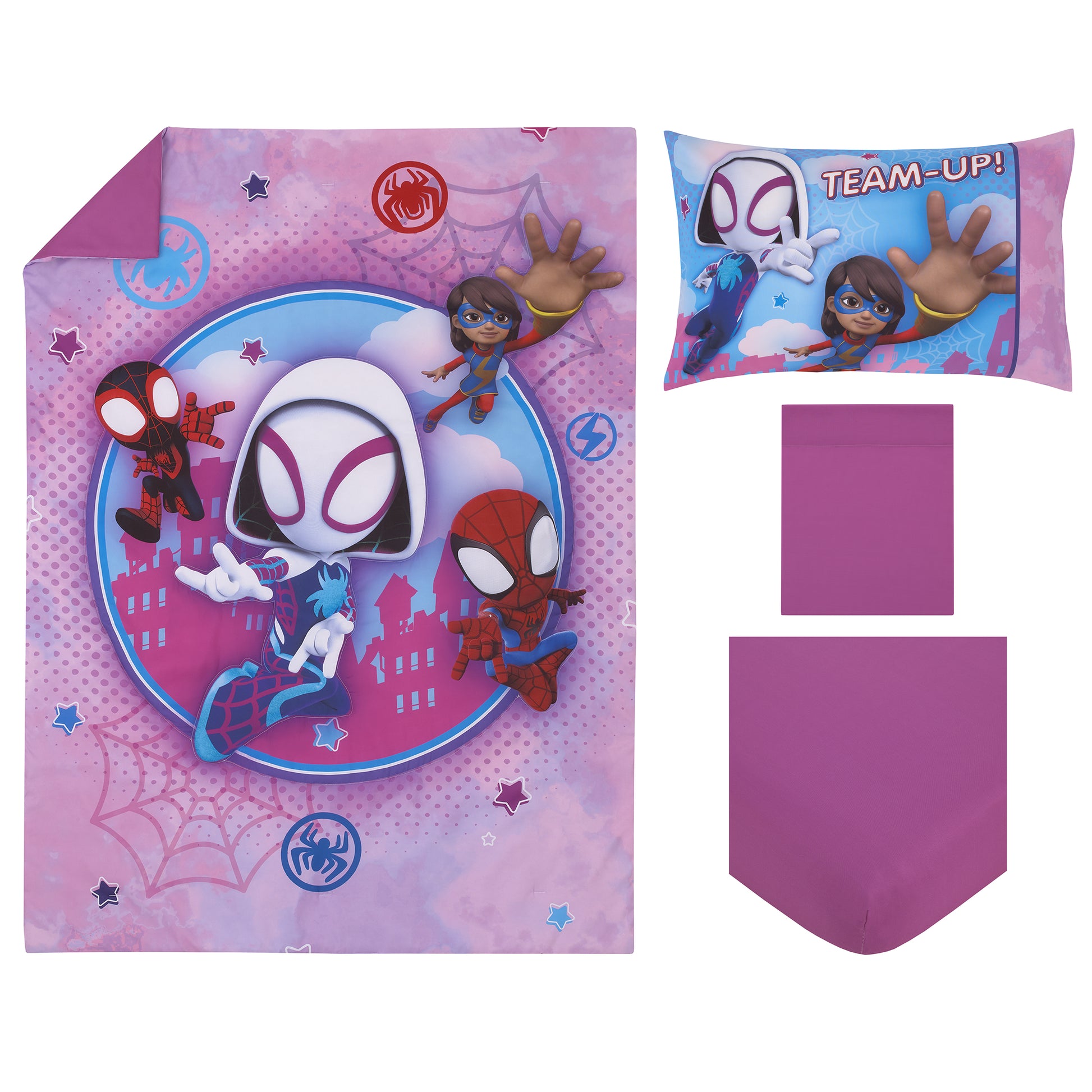 Marvel Ghost Spider, Go Ghosty Purple, Pink, and Blue 4 Piece Toddler Bed Set - Comforter, Fitted Bottom Sheet, Flat Top Sheet, and Reversible Pillowcase