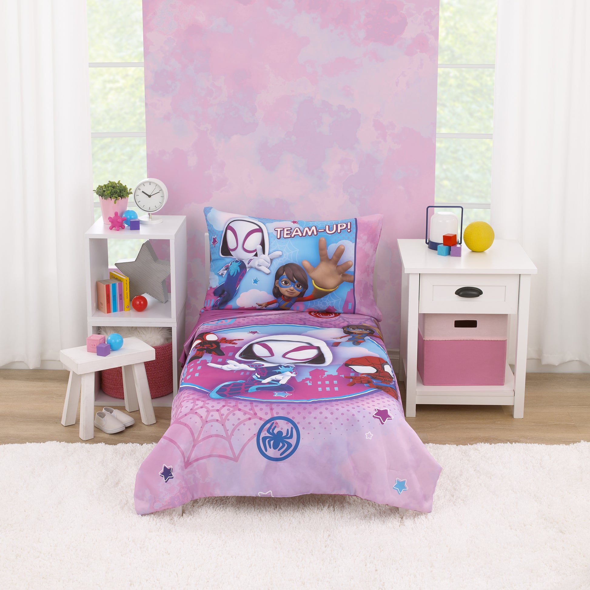 Marvel Ghost Spider, Go Ghosty Purple, Pink, and Blue 4 Piece Toddler Bed Set - Comforter, Fitted Bottom Sheet, Flat Top Sheet, and Reversible Pillowcase
