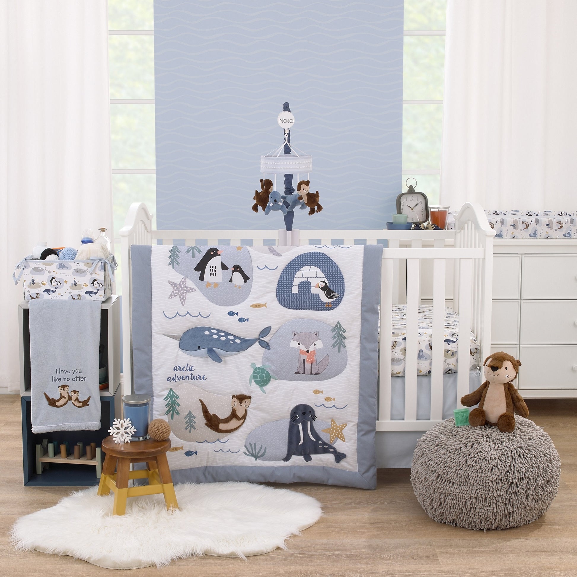 NoJo Arctic Adventure Light Blue and Brown Walrus and Sea Otter Plush Carousel Style Musical Mobile