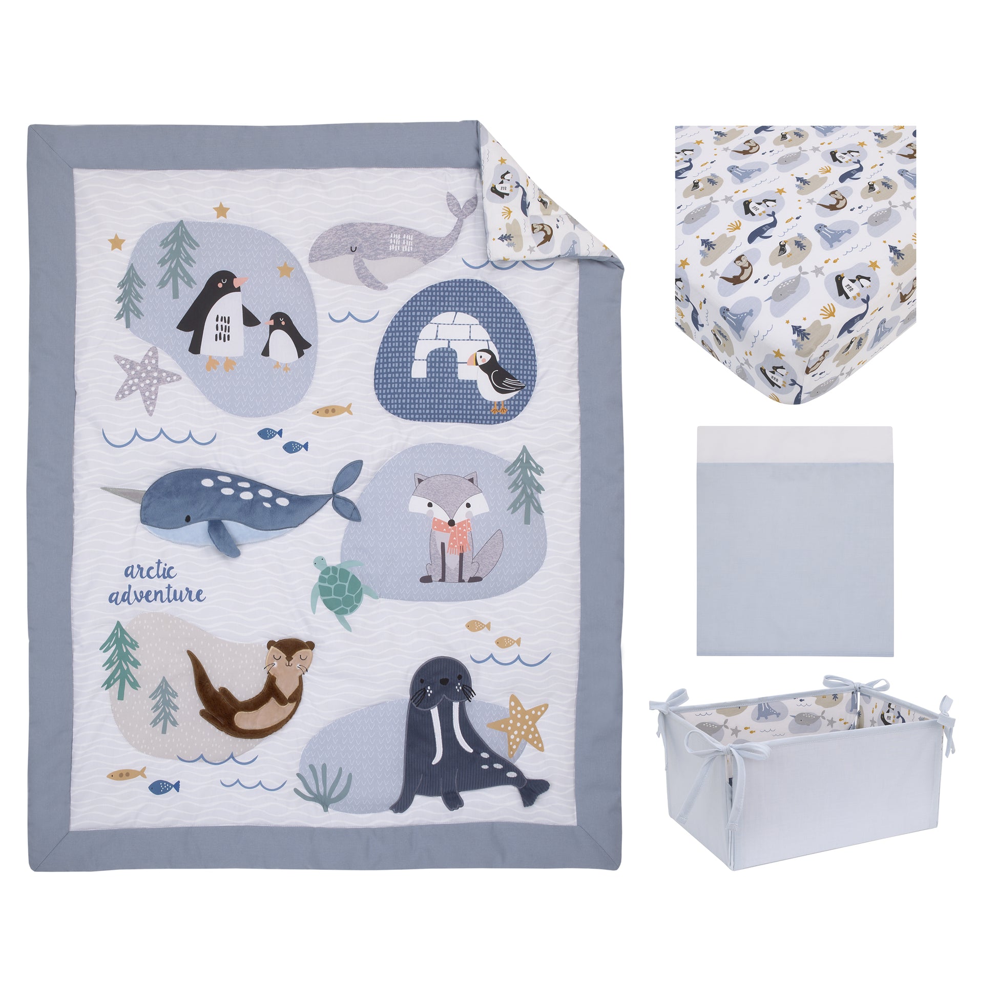 NoJo Arctic Adventure Light Blue, White, Taupe and Navy Whales, Walrus, and Otter 4 Piece Nursery Crib Bedding Set - Comforter, 100% Cotton Fitted Crib Sheet, Crib Skirt, and Storage Caddy