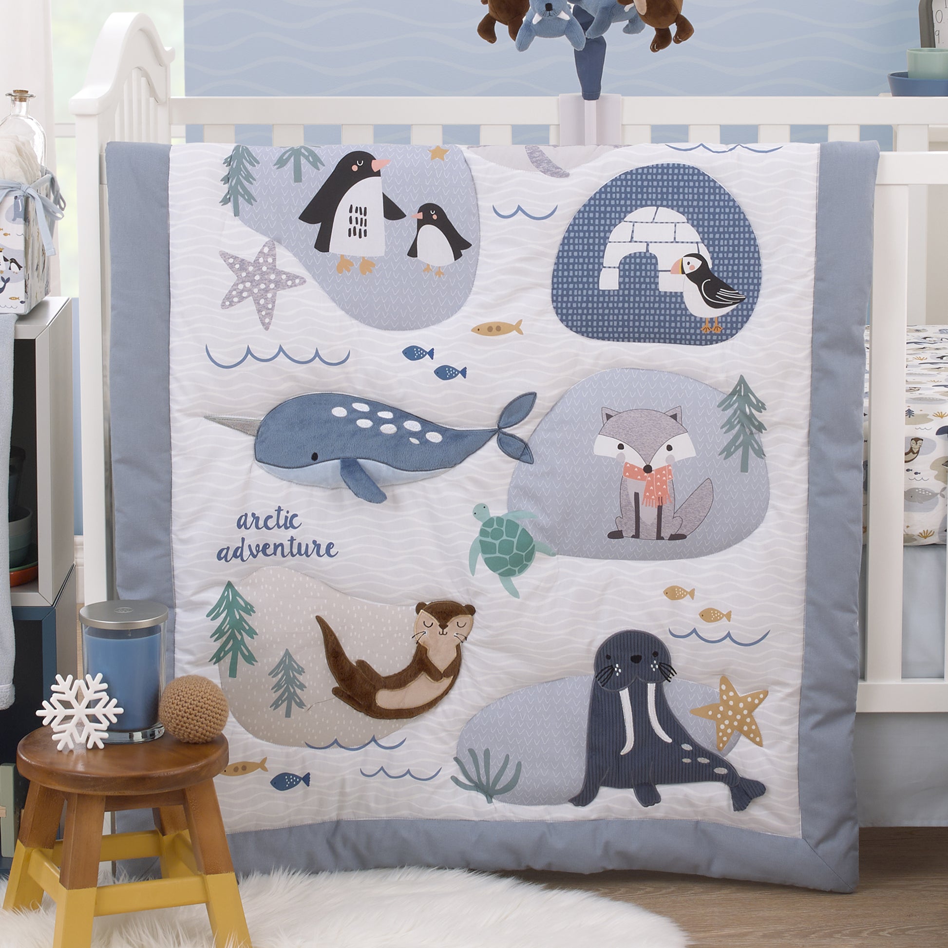 NoJo Arctic Adventure Light Blue, White, Taupe and Navy Whales, Walrus, and Otter 4 Piece Nursery Crib Bedding Set - Comforter, 100% Cotton Fitted Crib Sheet, Crib Skirt, and Storage Caddy