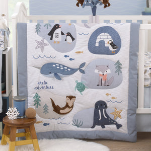 NoJo Arctic Adventure Light Blue, White, Taupe and Navy Whales, Walrus, and Otter 4 Piece Nursery Crib Bedding Set - Comforter, 100% Cotton Fitted Crib Sheet, Crib Skirt, and Storage Caddy