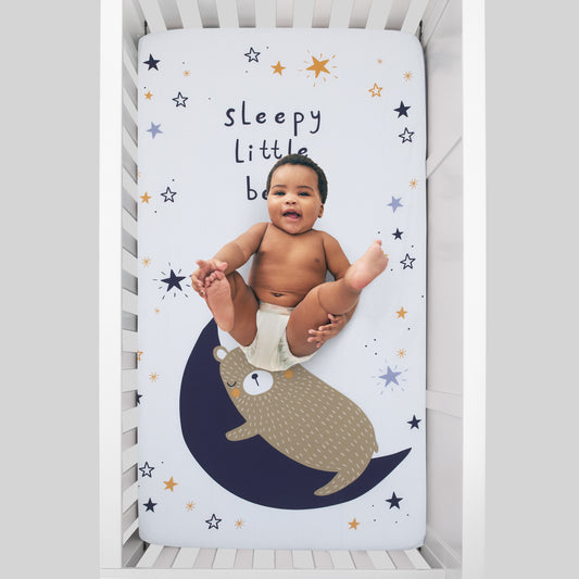 NoJo Goodnight Sleep Tight White and Blue Bear, Moon, and Star 100% Cotton Photo Op Fitted Crib Sheet