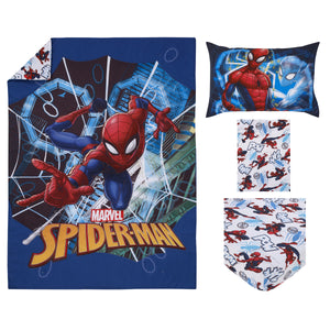 Marvel Spider-Man to the Rescue Red, White, and Blue 4 Piece Toddler Bed Set - Comforter, Fitted Bottom Sheet, Flat Top Sheet, and Reversible Pillowcase