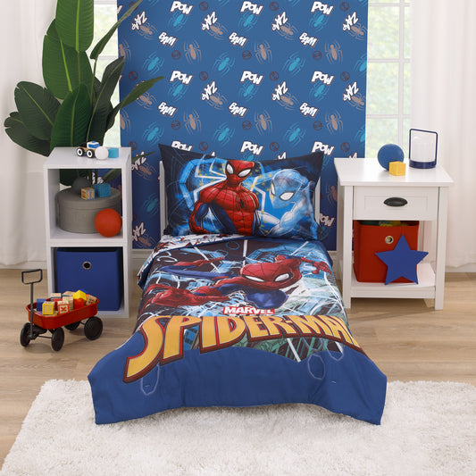 Marvel Spider-Man to the Rescue Red, White, and Blue 4 Piece Toddler Bed Set - Comforter, Fitted Bottom Sheet, Flat Top Sheet, and Reversible Pillowcase