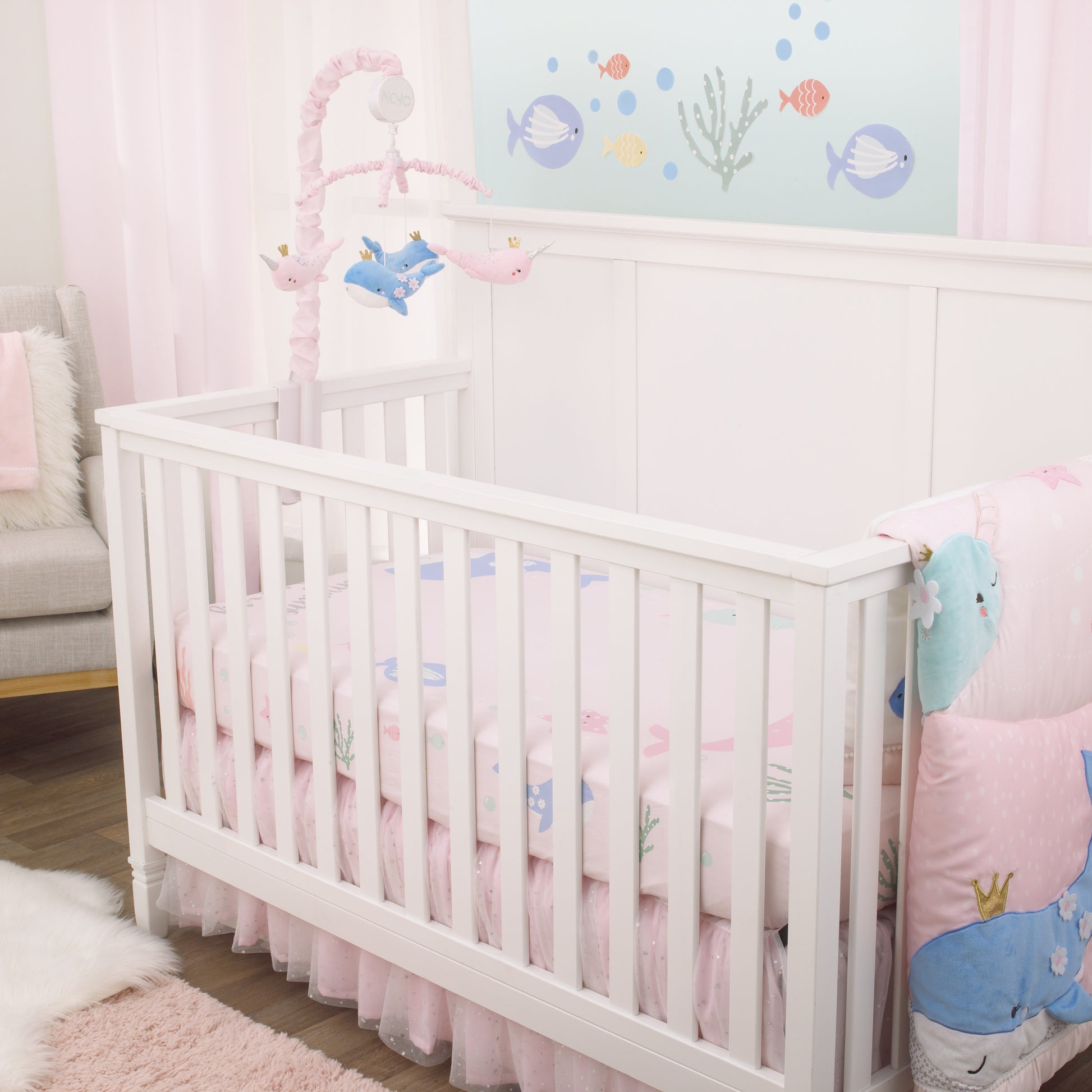 NoJo Under the Sea Whimsy Pink and Blue Whales and Narwhals 100% Cotton Photo Op Fitted Crib Sheet