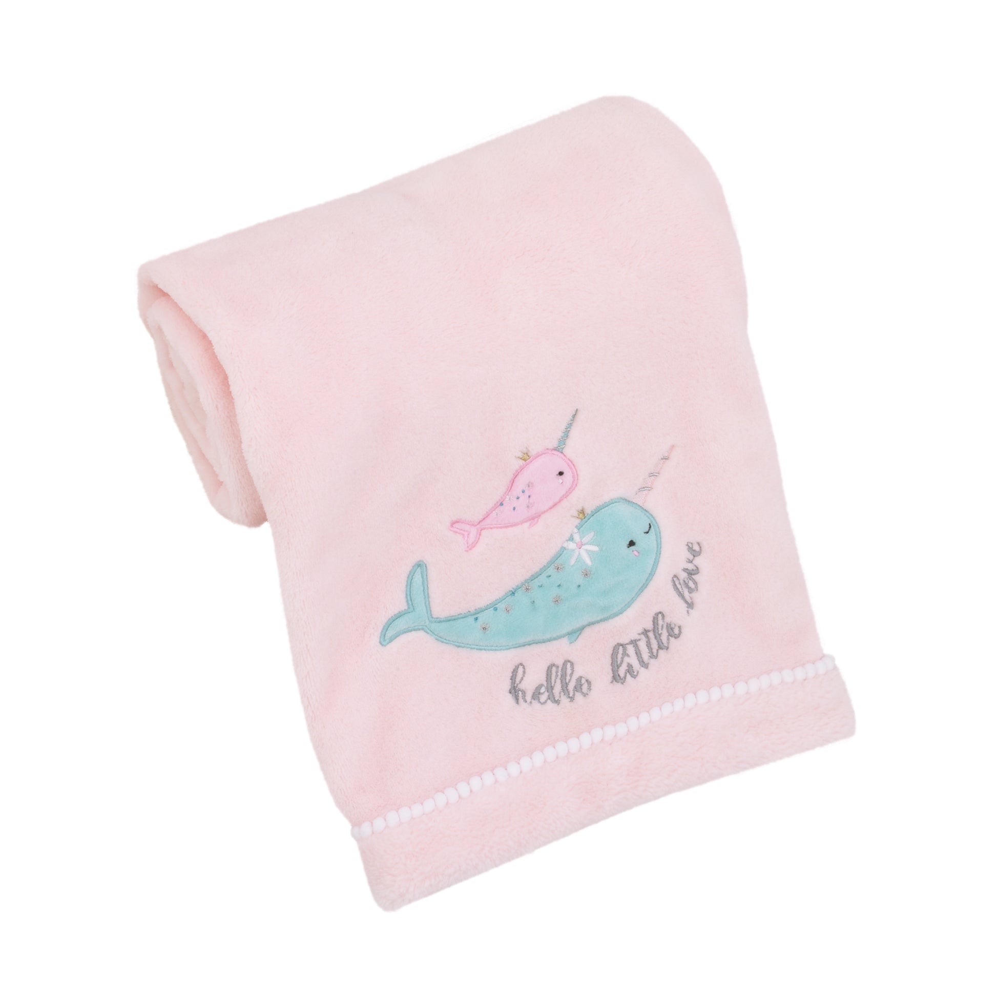 NoJo Under the Sea Whimsy Pink and Blue Narwhals Super Soft Appliqued Baby Blanket