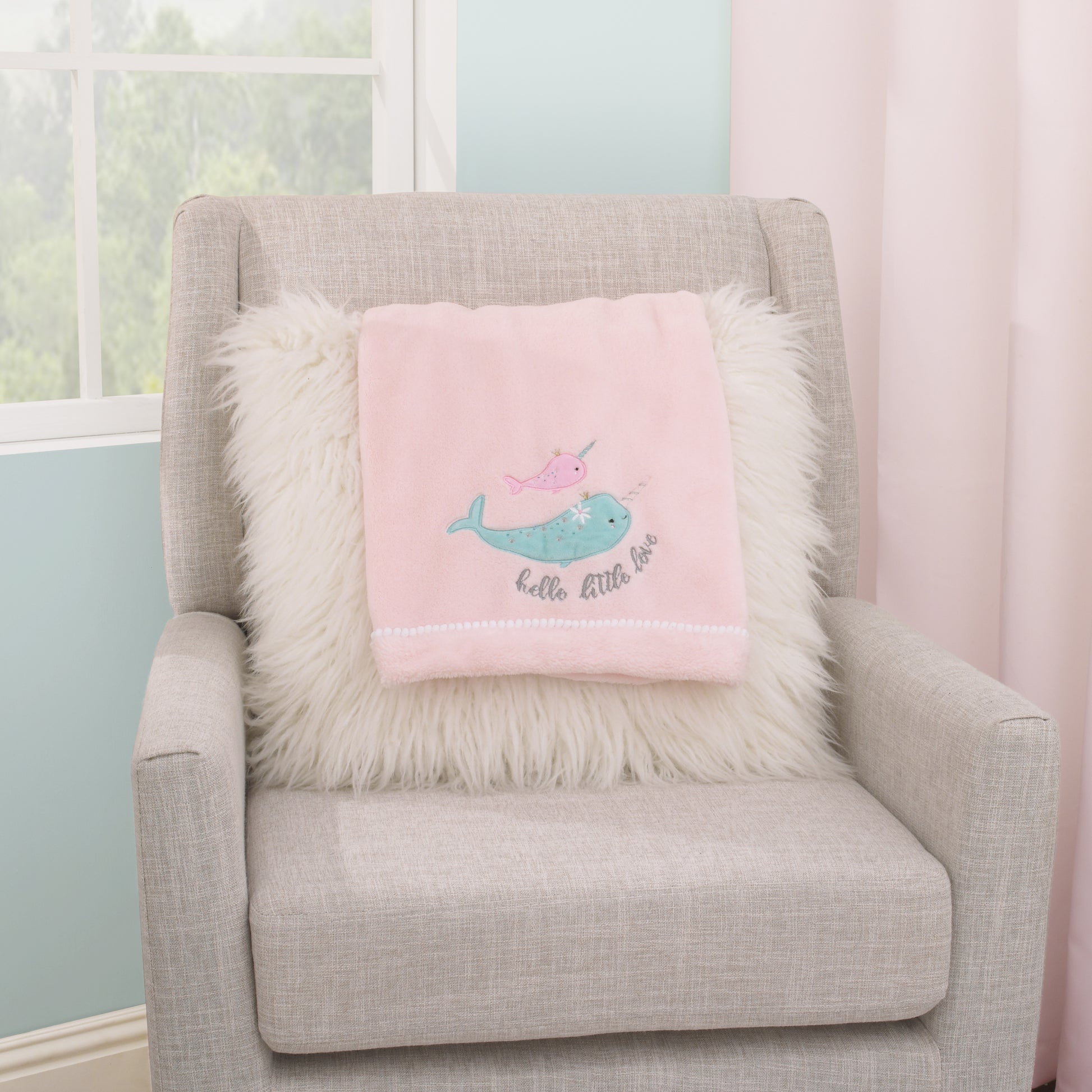 NoJo Under the Sea Whimsy Pink and Blue Narwhals Super Soft Appliqued Baby Blanket