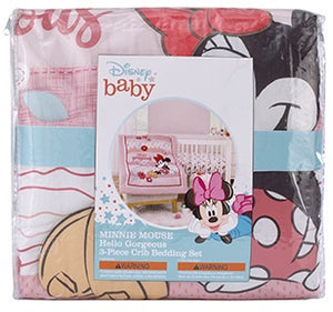 Minnie Mouse Hello Gorgeous 3 Piece Crib Bedding Set, Pink and White