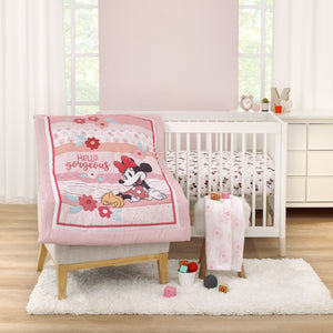 Minnie Mouse Hello Gorgeous 3 Piece Crib Bedding Set, Pink and White