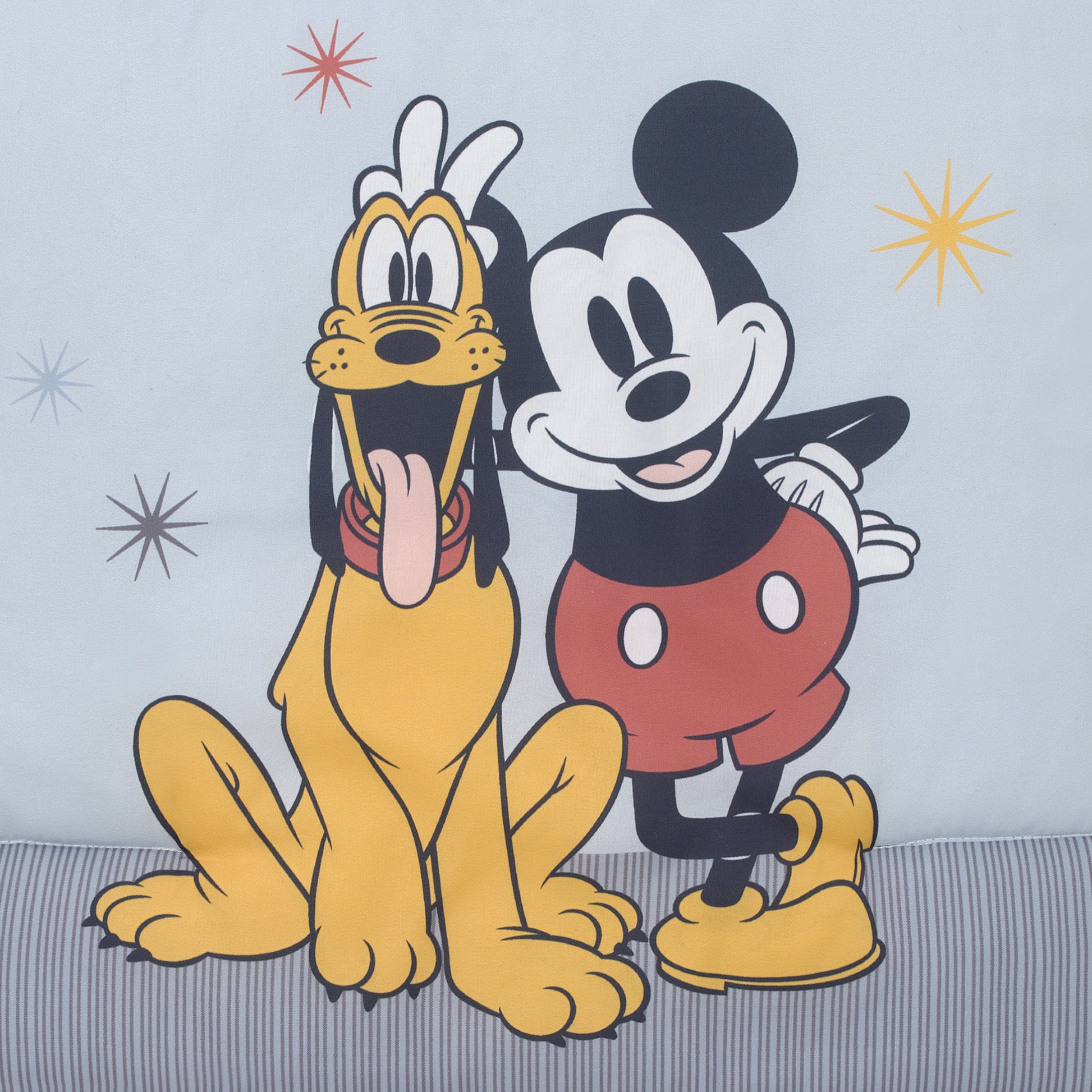 Disney Mickey and Friends Blue, Oatmeal, and Red Mickey Mouse, Minnie Mouse, Donald Duck, Pluto and Goofy 3 Piece Nursery Mini Crib Bedding Set - Comforter and Two Fitted Mini Crib Sheets