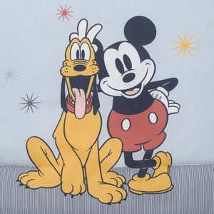 Disney Mickey and Friends Blue, Oatmeal, and Red Mickey Mouse, Minnie Mouse, Donald Duck, Pluto and Goofy 3 Piece Nursery Mini Crib Bedding Set - Comforter and Two Fitted Mini Crib Sheets