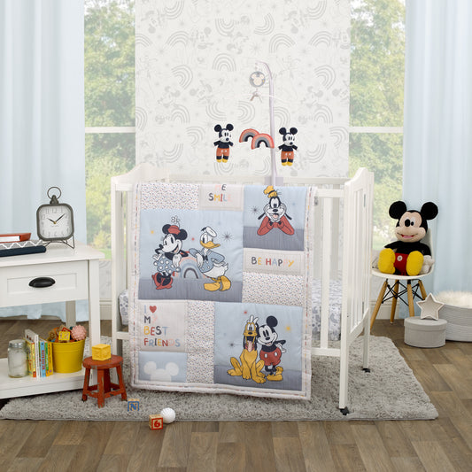 Disney Mickey and Friends Blue, Oatmeal, and Red Mickey Mouse, Minnie Mouse, Donald Duck, Pluto and Goofy 3 Piece Nursery Mini Crib Bedding Set - Comforter and Two Fitted Mini Crib Sheets