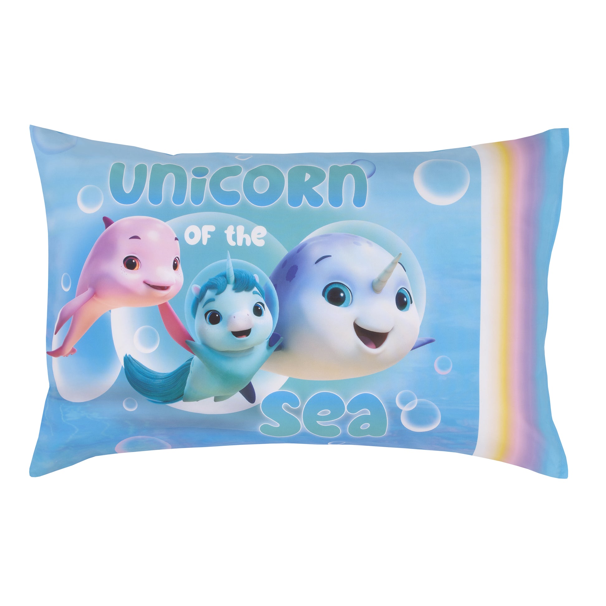 DreamWorks Not Quite Narwhal Make A Splash Blue and Lavender, Unicorn Kelp, and Friends 4 Piece Toddler Bed Set - Comforter, Fitted Bottom Sheet, Flat Top Sheet, and Reversible Pillowcase