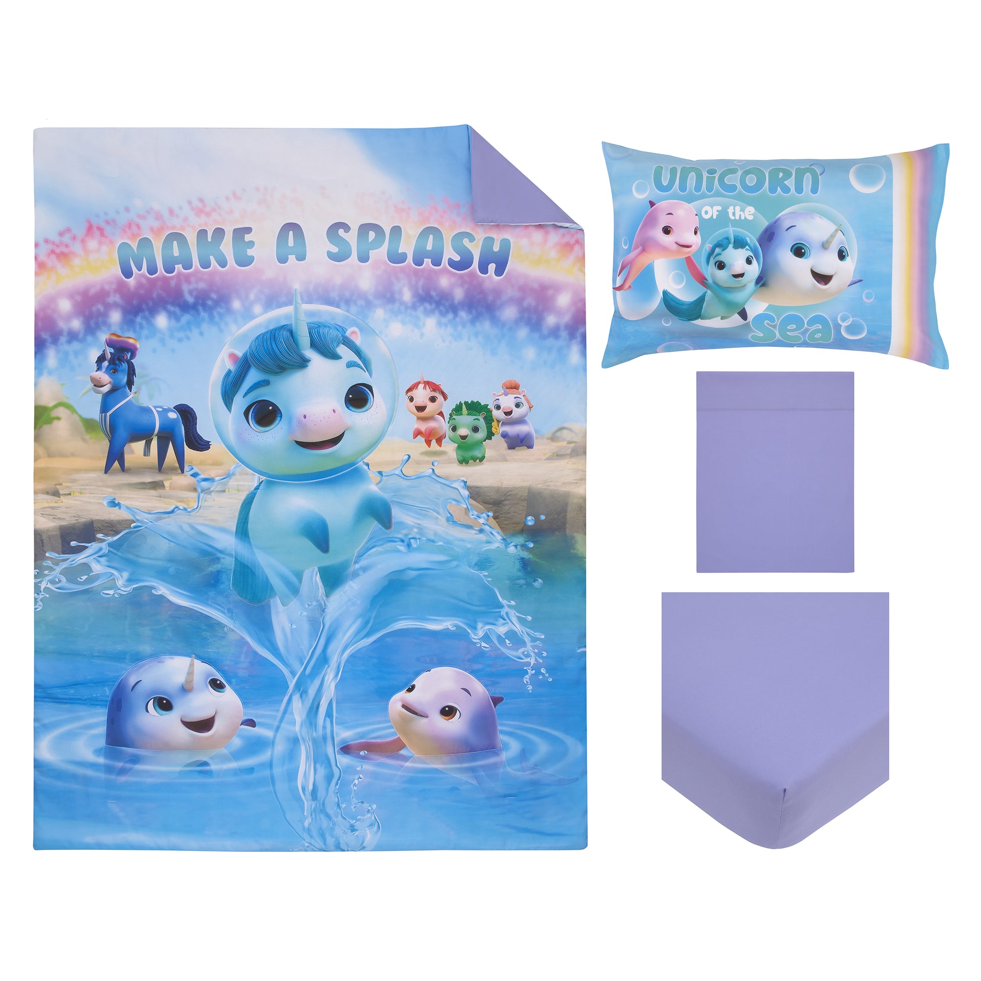 DreamWorks Not Quite Narwhal Make A Splash Blue and Lavender, Unicorn Kelp, and Friends 4 Piece Toddler Bed Set - Comforter, Fitted Bottom Sheet, Flat Top Sheet, and Reversible Pillowcase