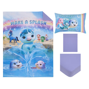 DreamWorks Not Quite Narwhal Make A Splash Blue and Lavender, Unicorn Kelp, and Friends 4 Piece Toddler Bed Set - Comforter, Fitted Bottom Sheet, Flat Top Sheet, and Reversible Pillowcase
