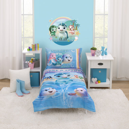 DreamWorks Not Quite Narwhal Make A Splash Blue and Lavender, Unicorn Kelp, and Friends 4 Piece Toddler Bed Set - Comforter, Fitted Bottom Sheet, Flat Top Sheet, and Reversible Pillowcase