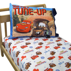 Disney Cars Team Lightning McQueen 2 Pack Super Soft Fitted Toddler Sheet and Pillowcase Set - Blue, Red and Brown