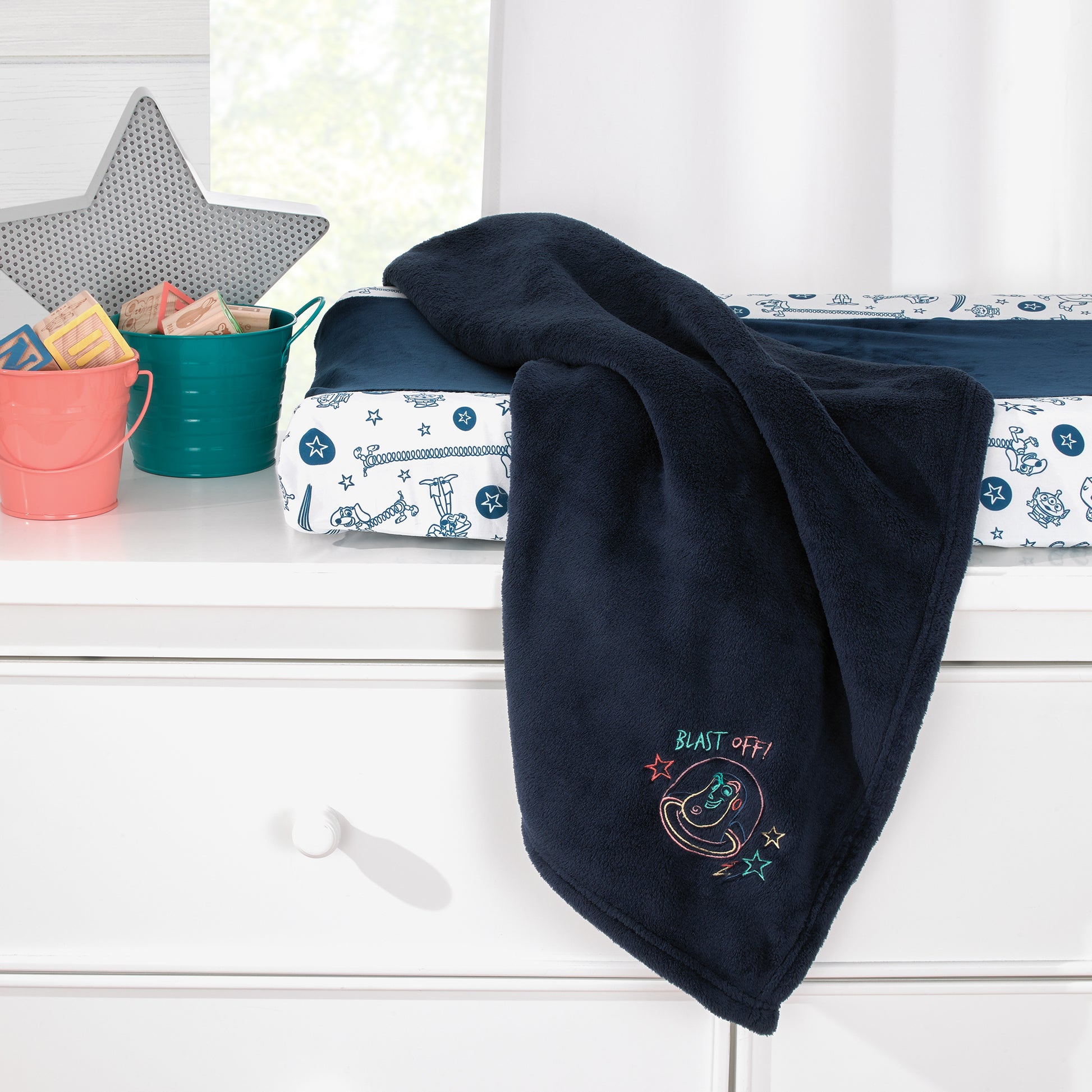 Disney Toy Story Color Crazy Blue, Green and Orange Blast Off Buzz Lightyear Super Soft Appliqued Baby Blanket