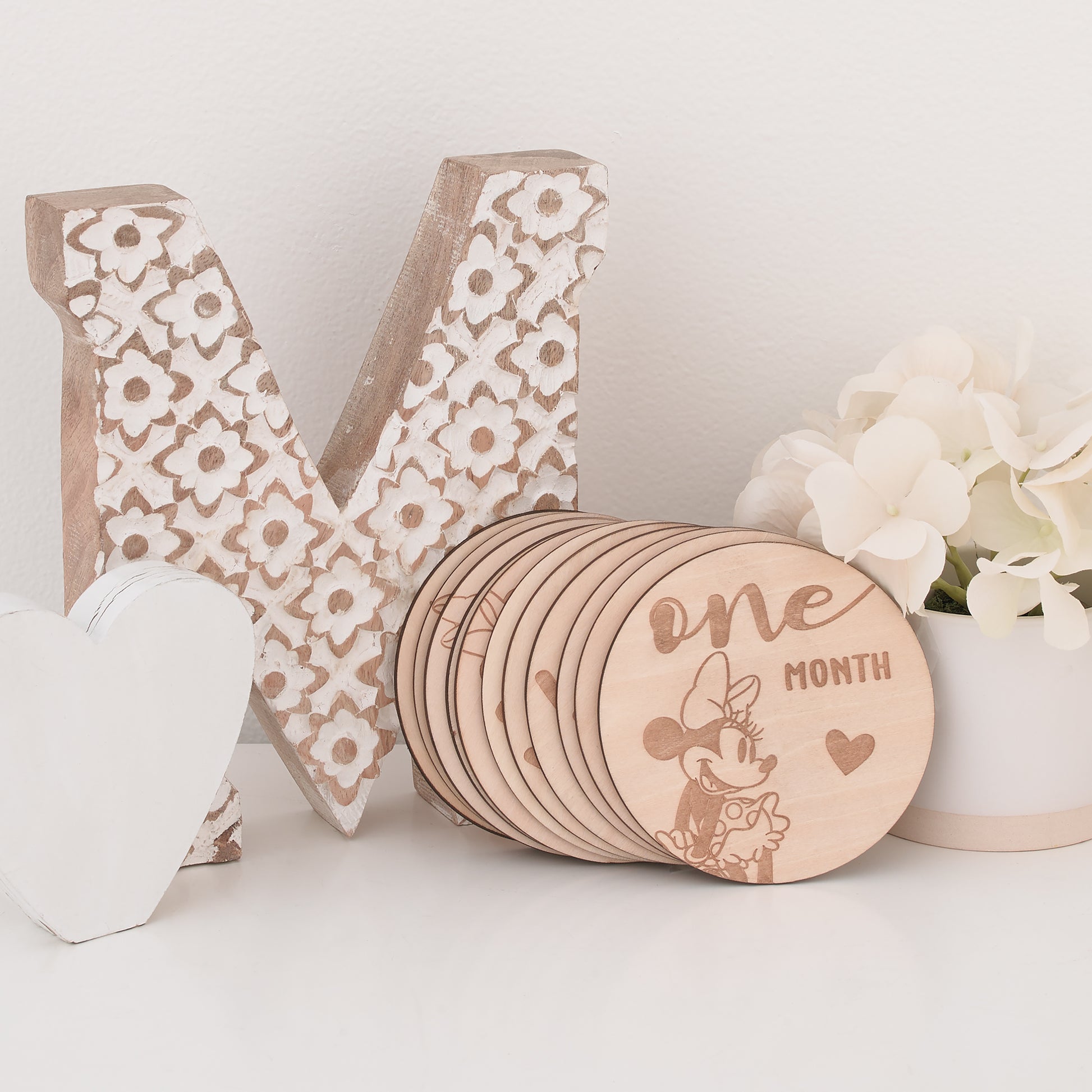 Disney Minnie Mouse Natural Wood Tone, 12 Piece Wooden Engraved Milestone Cards