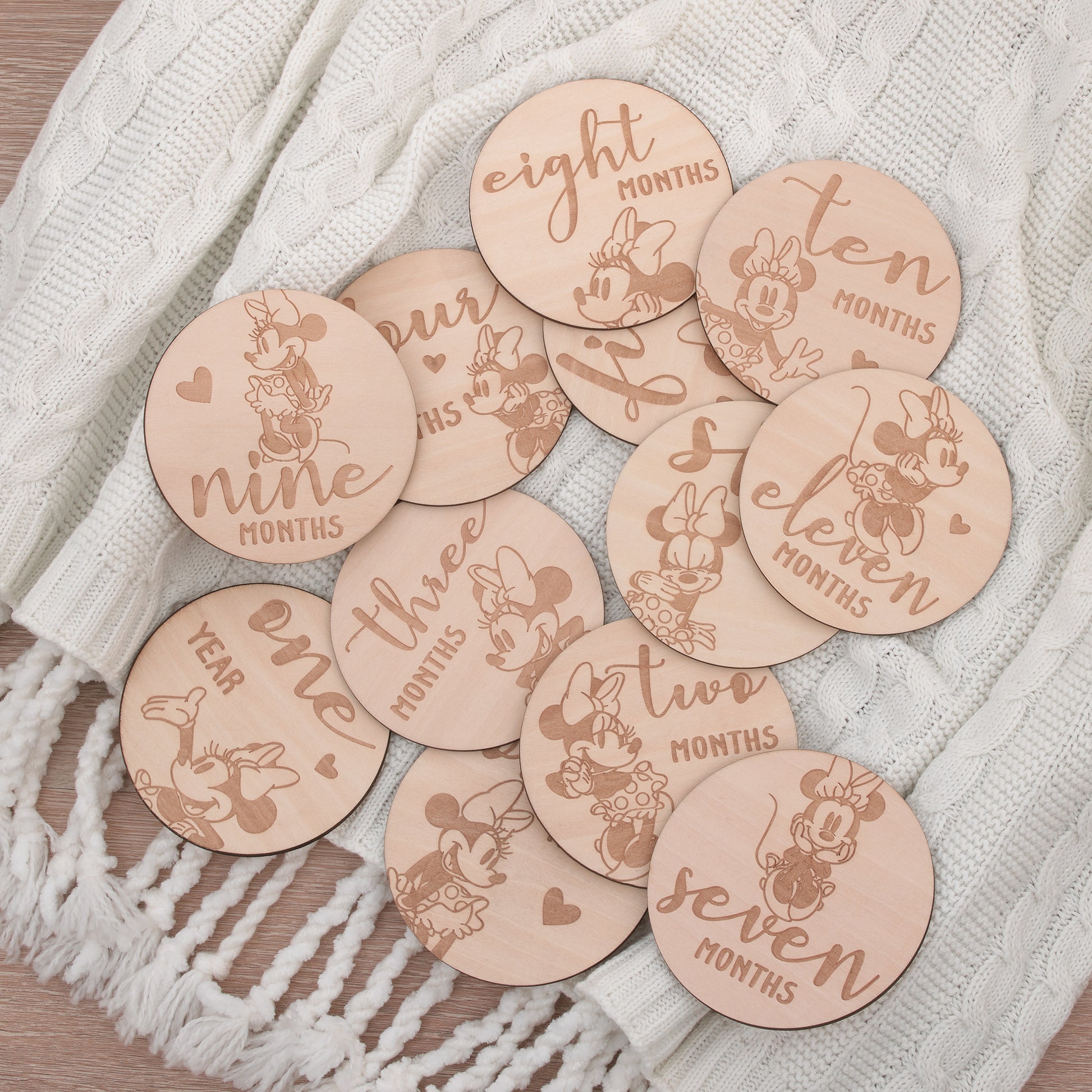 Disney Minnie Mouse Natural Wood Tone, 12 Piece Wooden Engraved Milestone Cards