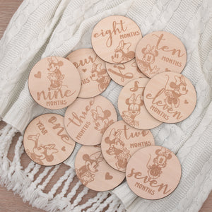Disney Minnie Mouse Natural Wood Tone, 12 Piece Wooden Engraved Milestone Cards