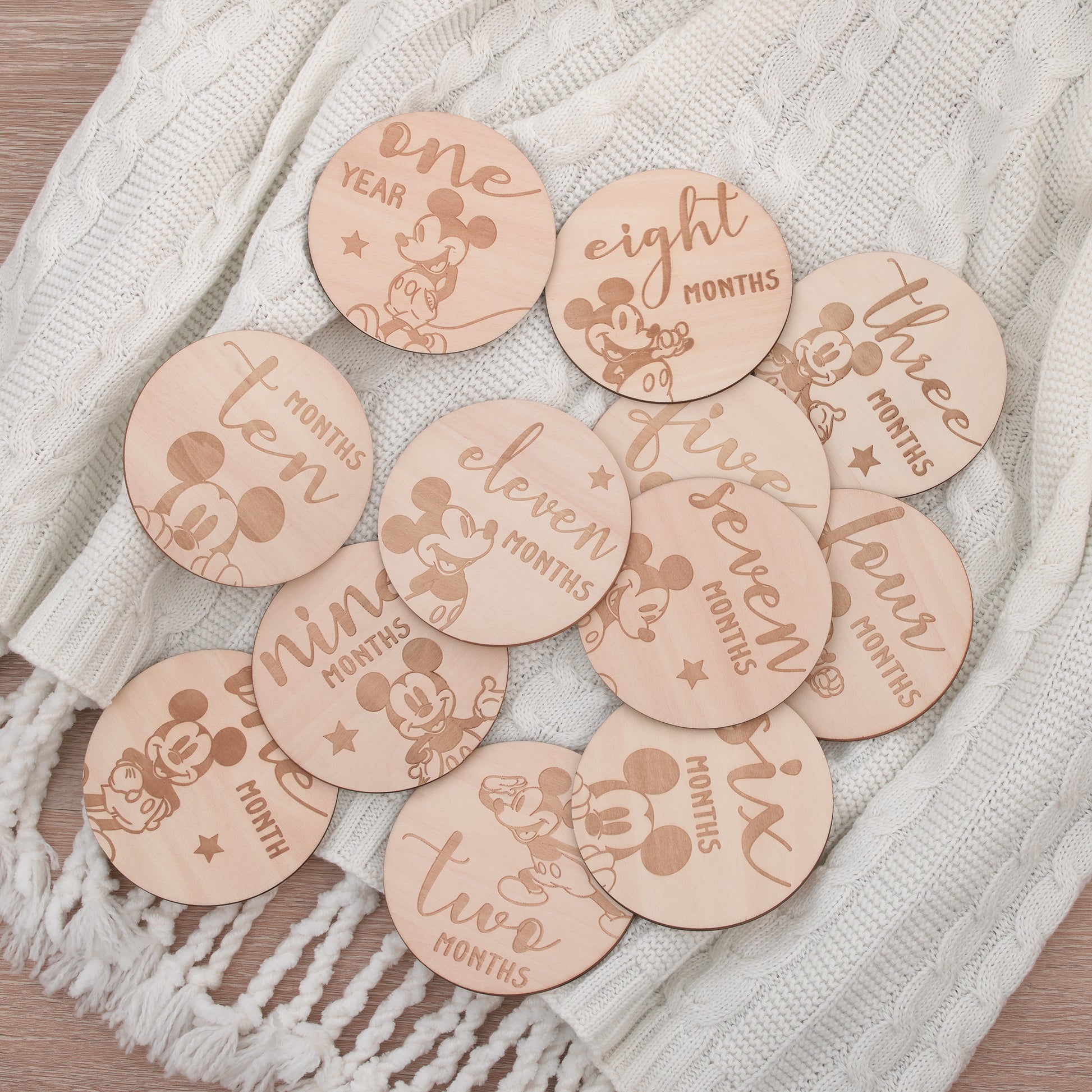 Disney Mickey Mouse Natural Wood Tone, 12 Piece Wooden Engraved Milestone Cards
