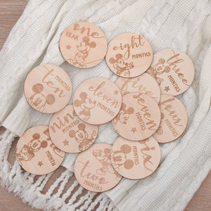 Disney Mickey Mouse Natural Wood Tone, 12 Piece Wooden Engraved Milestone Cards