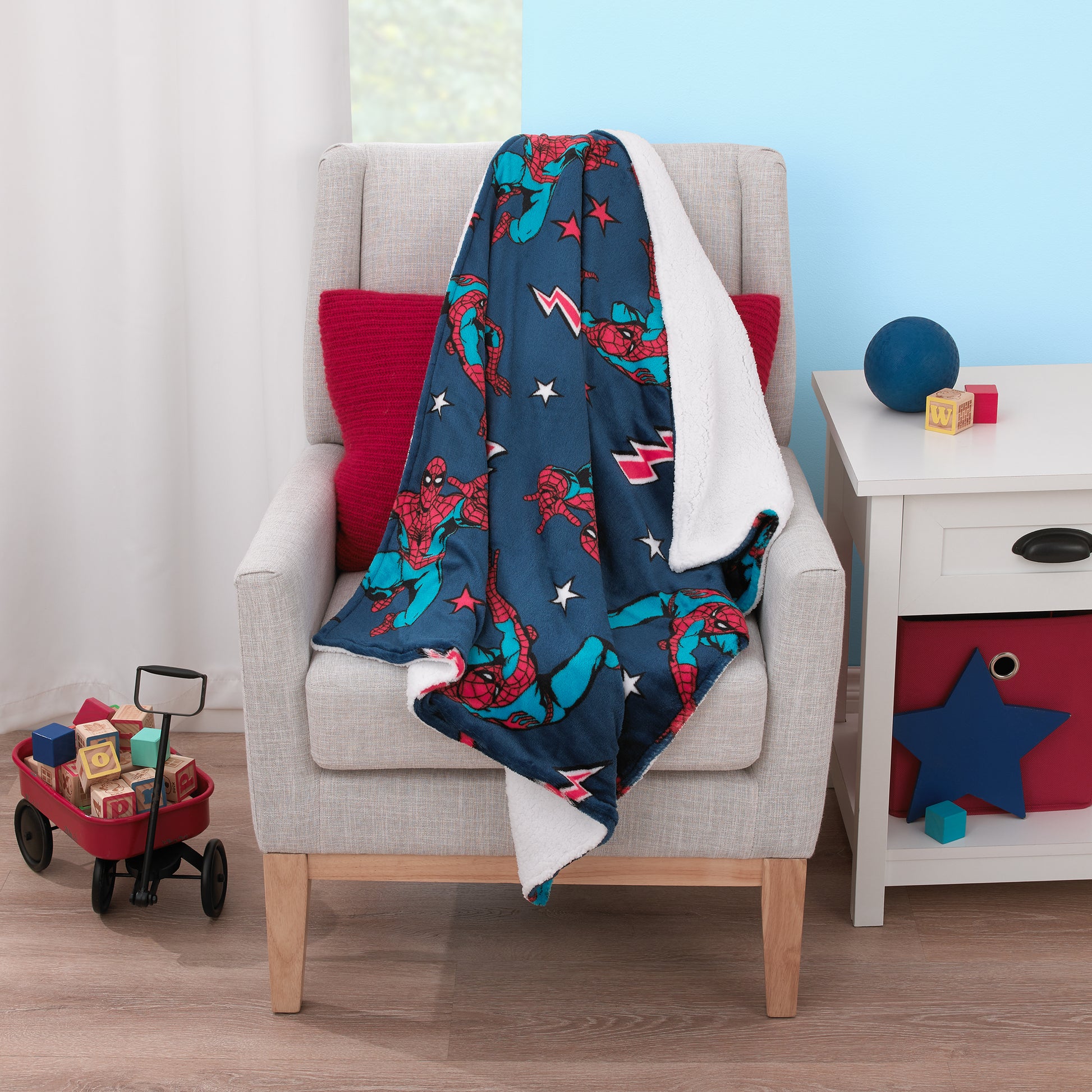 Marvel Spider-Man Blue, Red and White Super Soft Sherpa Baby Blanket