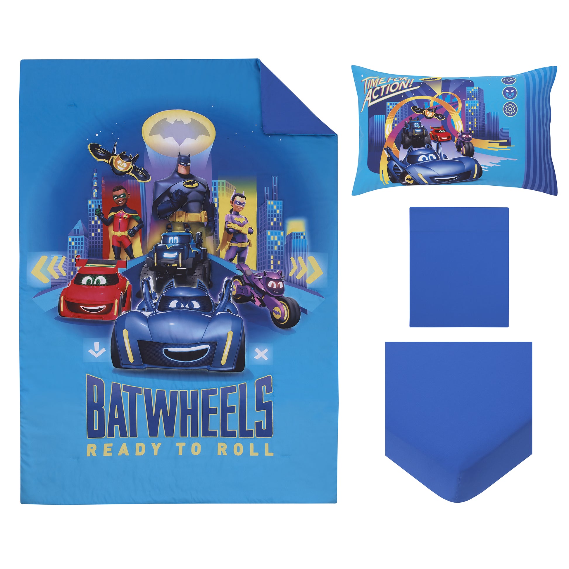 Warner Bros  Batwheels Ready to Roll Blue, Red, and Yellow 4 Piece Toddler Bed Set - Comforter, Fitted Bottom Sheet, Flat Top Sheet and Reversible Pillowcase