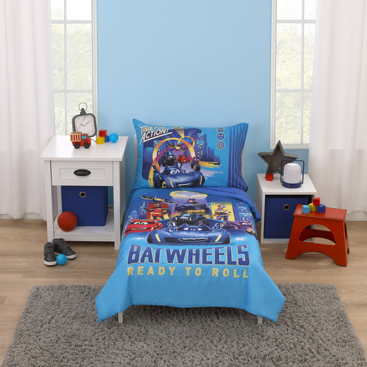 Warner Bros  Batwheels Ready to Roll Blue, Red, and Yellow 4 Piece Toddler Bed Set - Comforter, Fitted Bottom Sheet, Flat Top Sheet and Reversible Pillowcase