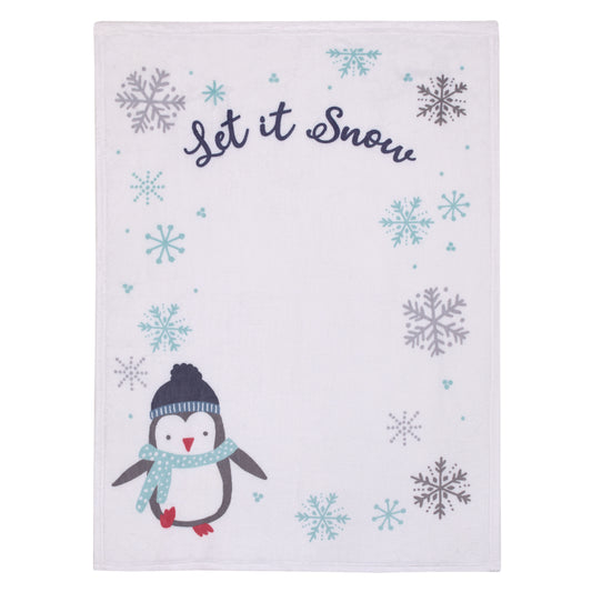 NoJo Penguin White, Aqua, and Gray "Let it Snow" Christmas Photo Op Super Soft Baby Blanket