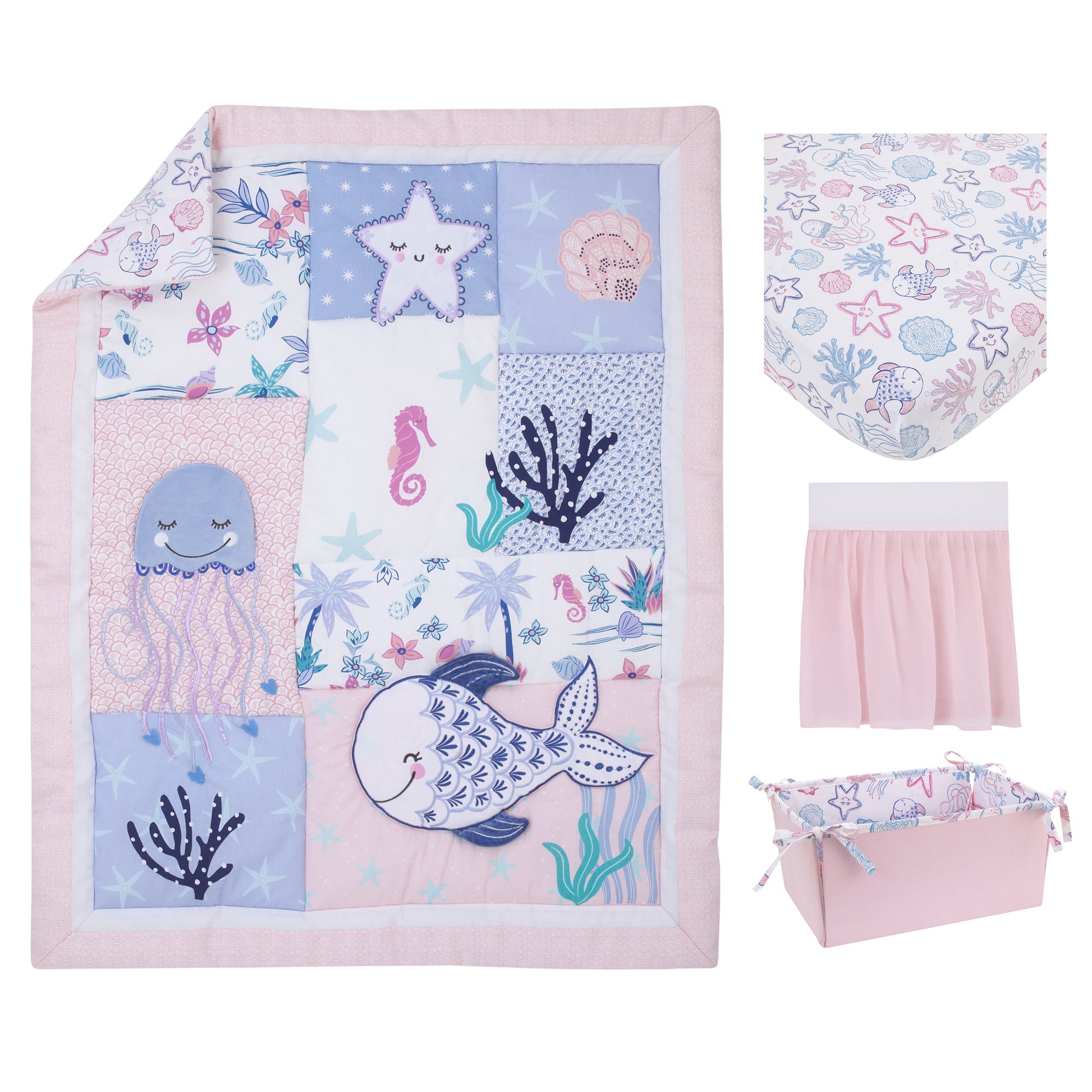 NoJo Mermaid Lagoon Pink, Blue and White Undersea Friends, Fish, Coral, Jellyfish and Starfish 4 Piece Nursery Crib Bedding Set - Comforter, 100% Cotton Fitted Crib Sheet, Crib Skirt, and Storage Caddy
