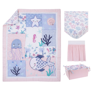 NoJo Mermaid Lagoon Pink, Blue and White Undersea Friends, Fish, Coral, Jellyfish and Starfish 4 Piece Nursery Crib Bedding Set - Comforter, 100% Cotton Fitted Crib Sheet, Crib Skirt, and Storage Caddy