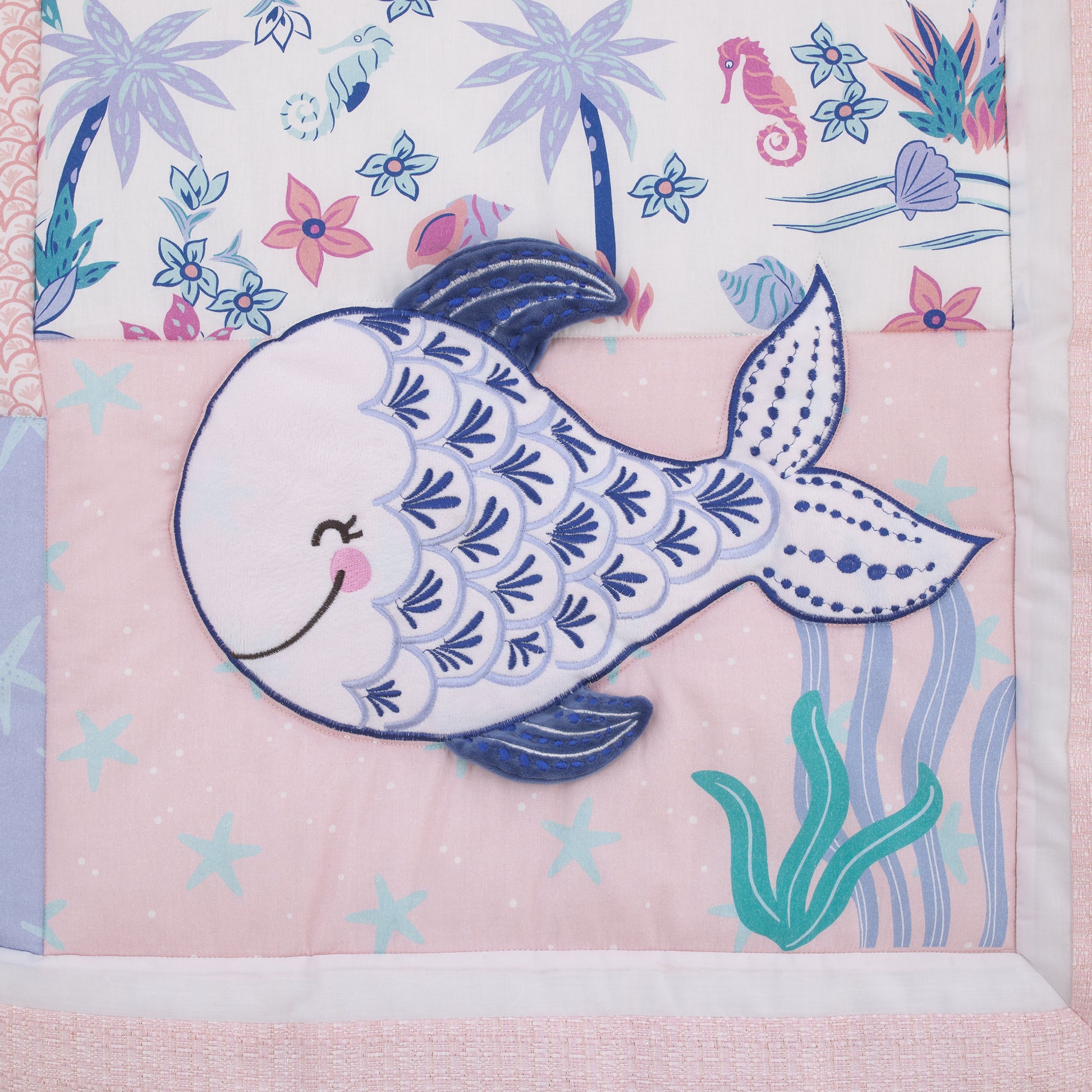 NoJo Mermaid Lagoon Pink, Blue and White Undersea Friends, Fish, Coral, Jellyfish and Starfish 4 Piece Nursery Crib Bedding Set - Comforter, 100% Cotton Fitted Crib Sheet, Crib Skirt, and Storage Caddy