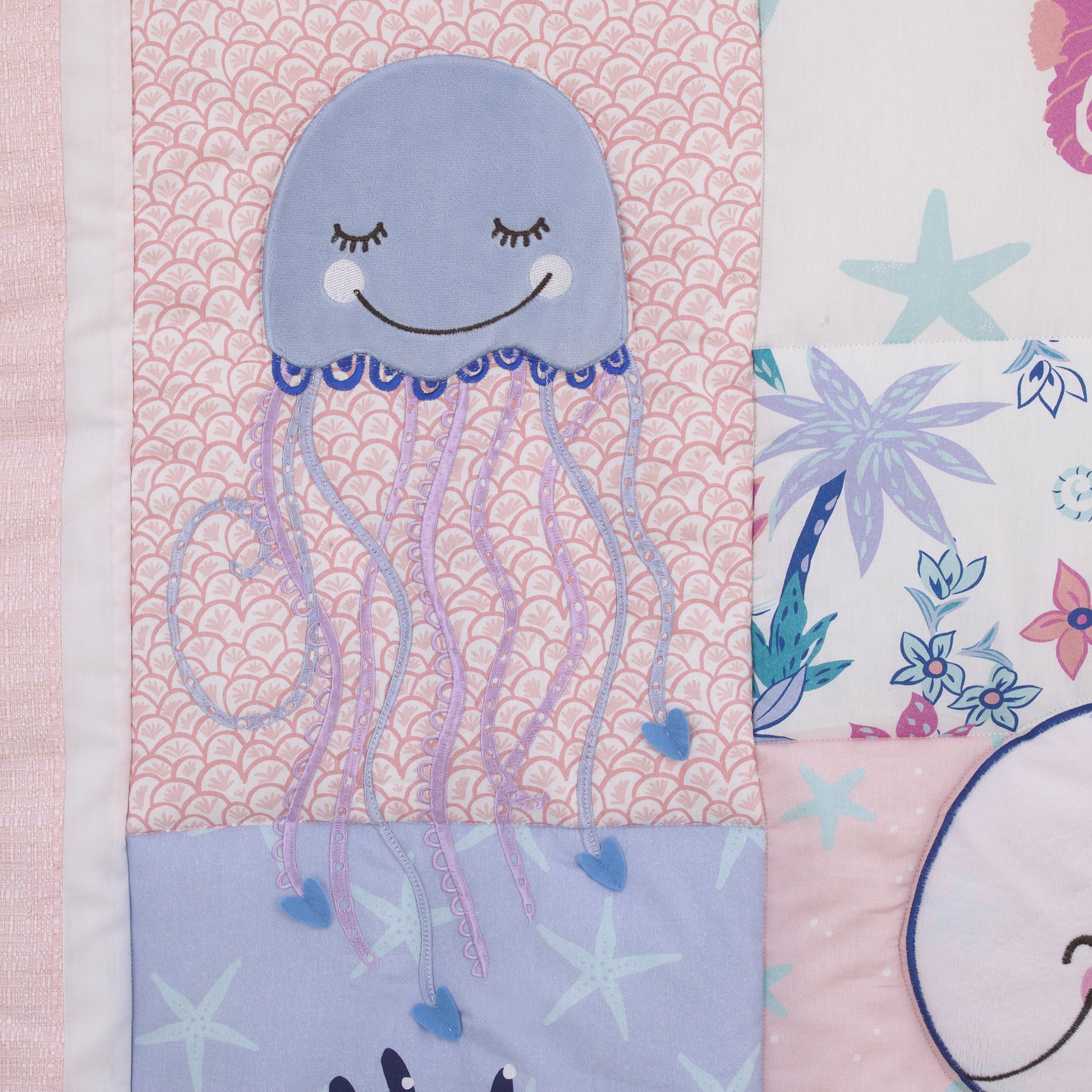 NoJo Mermaid Lagoon Pink, Blue and White Undersea Friends, Fish, Coral, Jellyfish and Starfish 4 Piece Nursery Crib Bedding Set - Comforter, 100% Cotton Fitted Crib Sheet, Crib Skirt, and Storage Caddy