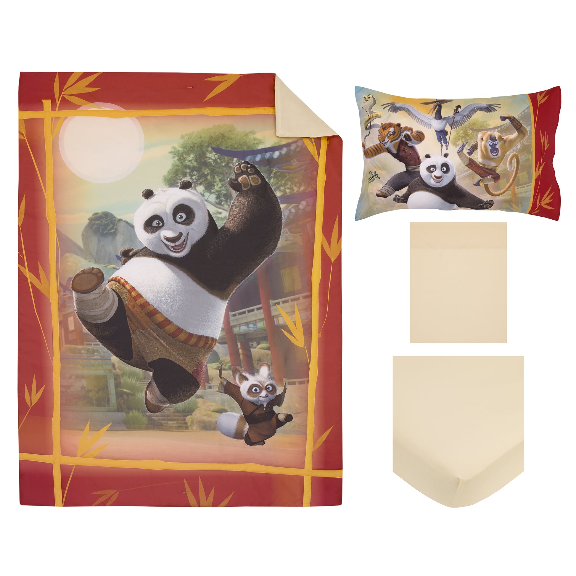 DreamWorks Kung Fu Panda Dragon Warrior Red and Gold Po and Friends 4 Piece Toddler Bed Set - Comforter, Fitted Bottom Sheet, Flat Top Sheet, and Reversible Pillowcase