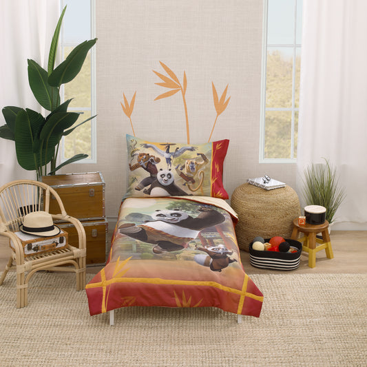 DreamWorks Kung Fu Panda Dragon Warrior Red and Gold Po and Friends 4 Piece Toddler Bed Set - Comforter, Fitted Bottom Sheet, Flat Top Sheet, and Reversible Pillowcase
