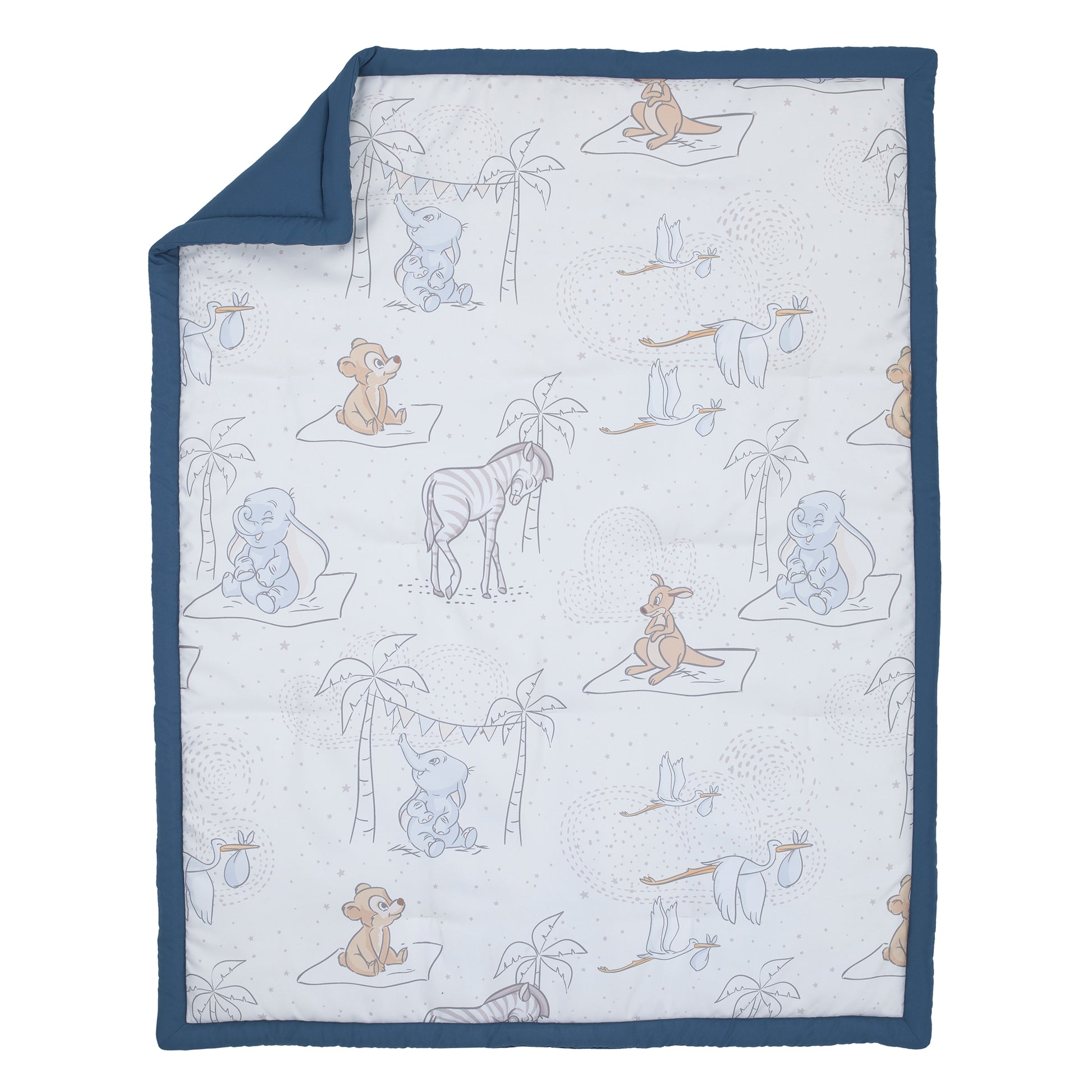 Disney Dumbo Mommy's Little Peanut Ivory, Gray, and Blue Kangaroo, Bear, Zebra, and Stork with Palm Trees 6 Piece Nursery Crib Bedding Set - Comforter, Two Fitted Crib Sheets, Crib Skirt, Blanket and Changing Pad Cover