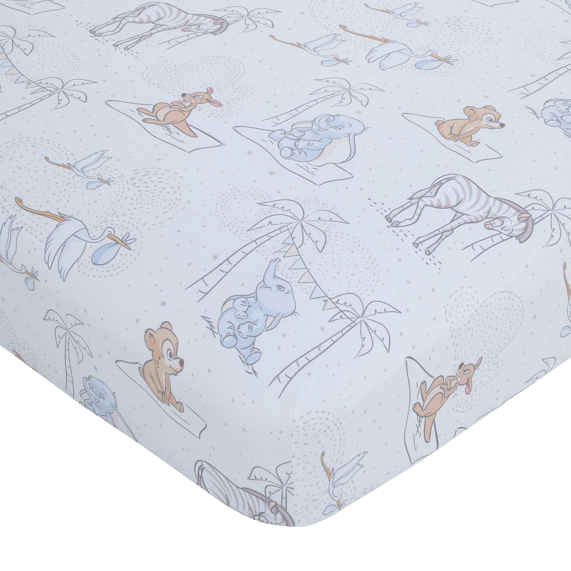 Disney Dumbo Mommy's Little Peanut Ivory, Gray, and Blue Kangaroo, Bear, Zebra, and Stork with Palm Trees 6 Piece Nursery Crib Bedding Set - Comforter, Two Fitted Crib Sheets, Crib Skirt, Blanket and Changing Pad Cover