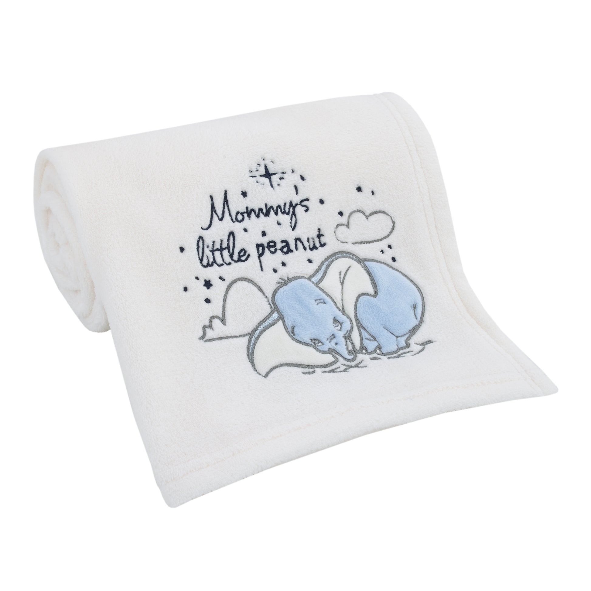 Disney Dumbo Mommy's Little Peanut Ivory, Gray, and Blue Kangaroo, Bear, Zebra, and Stork with Palm Trees 6 Piece Nursery Crib Bedding Set - Comforter, Two Fitted Crib Sheets, Crib Skirt, Blanket and Changing Pad Cover