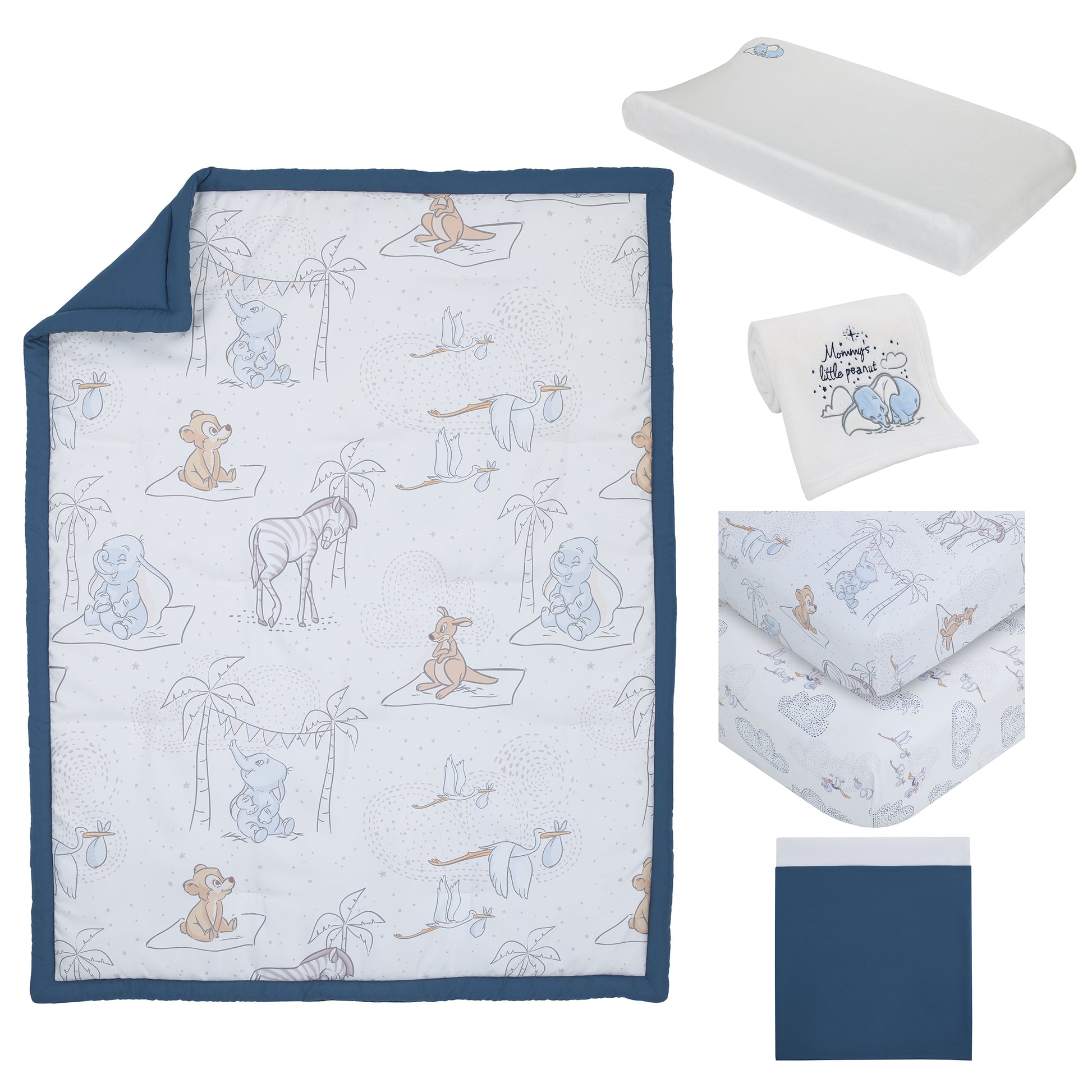 Disney Dumbo Mommy's Little Peanut Ivory, Gray, and Blue Kangaroo, Bear, Zebra, and Stork with Palm Trees 6 Piece Nursery Crib Bedding Set - Comforter, Two Fitted Crib Sheets, Crib Skirt, Blanket and Changing Pad Cover