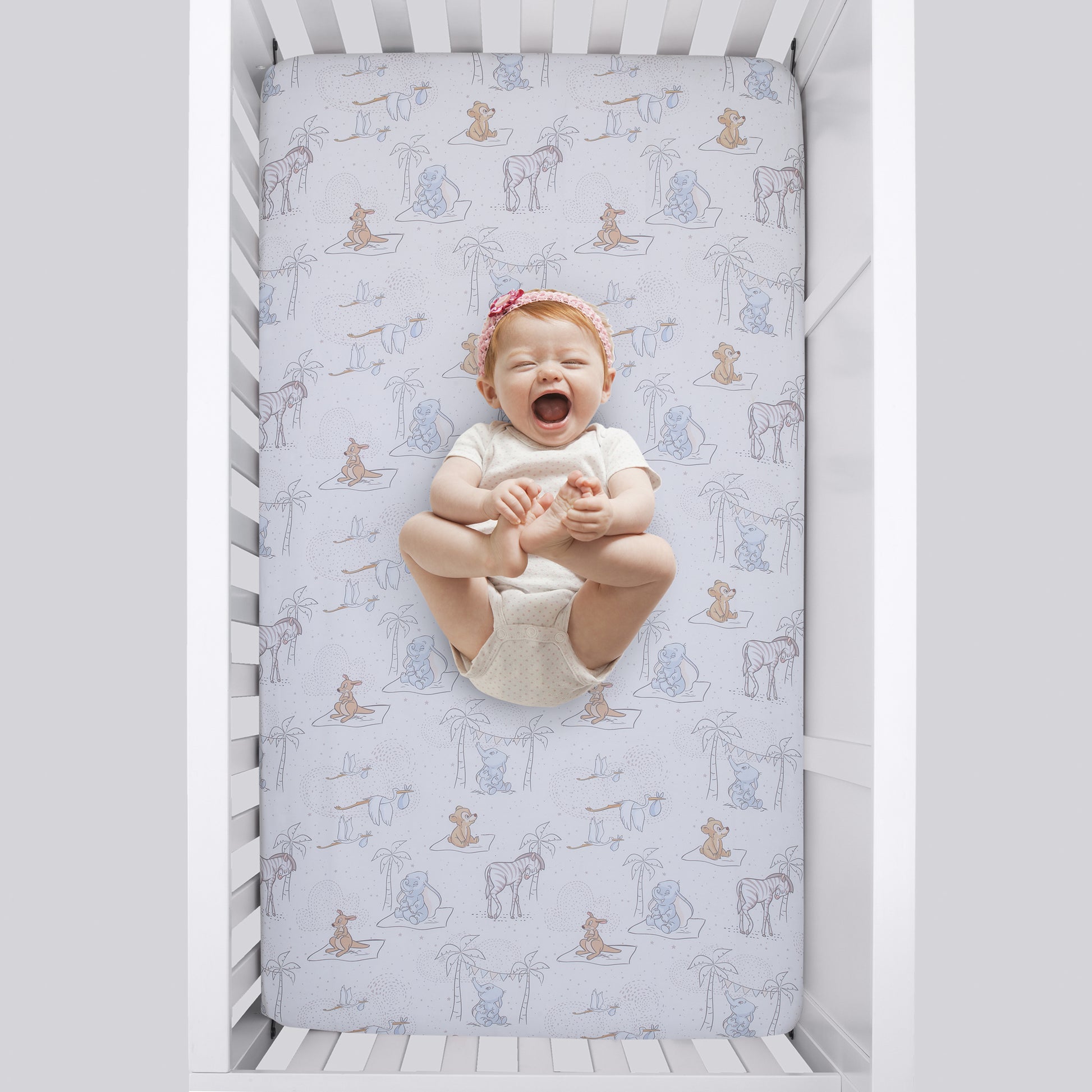 Disney Dumbo Mommy's Little Peanut Ivory, Gray, and Blue Kangaroo, Bear, Zebra, and Stork with Palm Trees 6 Piece Nursery Crib Bedding Set - Comforter, Two Fitted Crib Sheets, Crib Skirt, Blanket and Changing Pad Cover